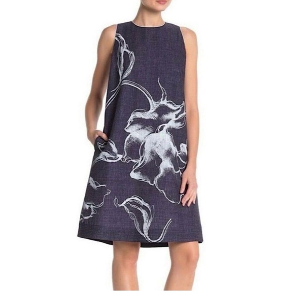 Lafayette 148 New York Hana Print Chambray Floral Dress Small Blue White Pockets